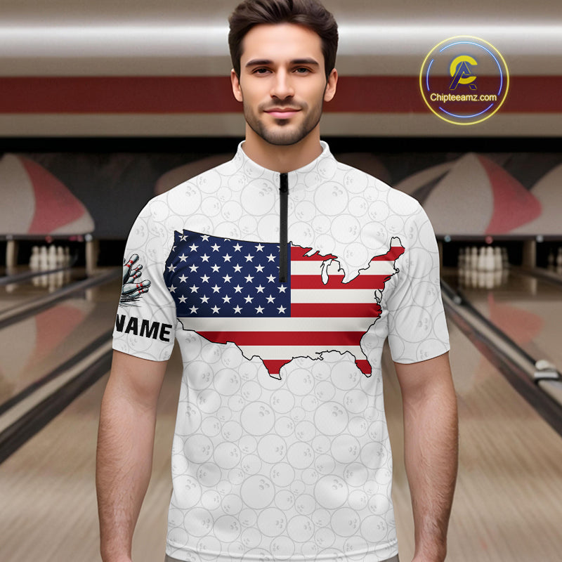 Personalized American Flag White Bowling Shirts For Men Custom patriotic Team Bowling jerseys NQS10184