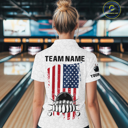 Personalized American Flag White Bowling Shirts For Women Custom patriotic Team Bowling jerseys NQS10184