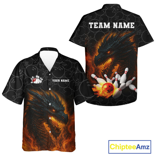 Custom Black Camo Flame Dragon Bowling Team Hawaiian Shirts, Bowling Uniform gift for bowlers NQS10320