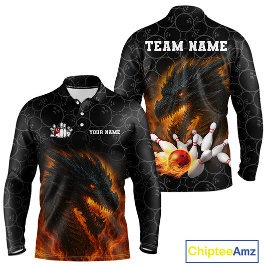 Custom Black Camo Flame Dragon Bowling Team Shirts For Men, Bowling Uniform gift for bowlers NQS10320