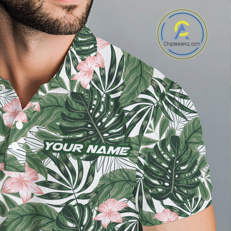 Green tropical leaf pattern pink flower funny Golf polo shirts For Men Custom mens golf outfits NQS10023