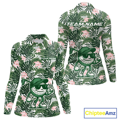 Green tropical leaf pattern pink flower funny Golf polo shirts for Women Custom ladies golf outfits NQS10023