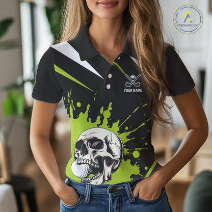 Black and Green Skull Golf polo shirts for Women Custom team golf outfits ladies, cool golf gifts NQS10025