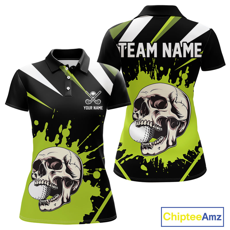 Black and Green Skull Golf polo shirts for Women Custom team golf outfits ladies, cool golf gifts NQS10025