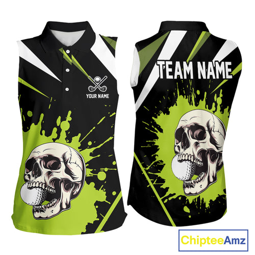 Black and Green Skull Sleeveless Golf polo shirts Custom team golf outfits ladies, cool golf gifts NQS10025