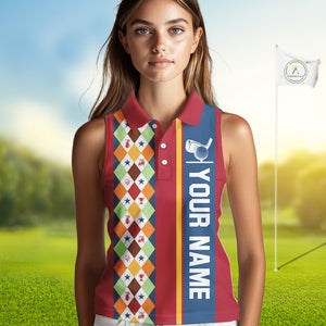 Retro colorful argyle pattern Women sleeveless polo shirt custom Team Golf Outfits for ladies | Red NQS10327