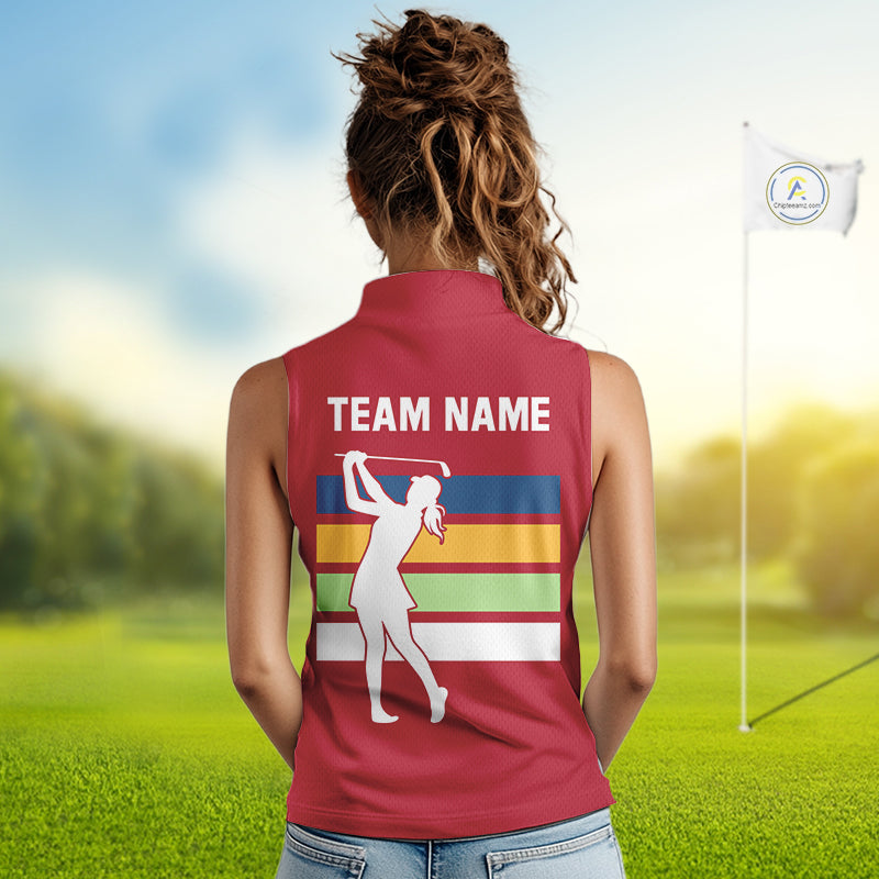 Retro colorful argyle pattern Women sleeveless polo shirt custom Team Golf Outfits for ladies | Red NQS10327