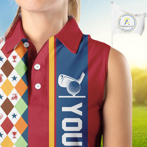 Retro colorful argyle pattern Women sleeveless polo shirt custom Team Golf Outfits for ladies | Red NQS10327
