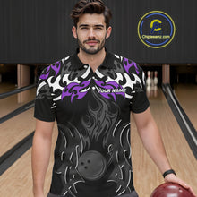Load image into Gallery viewer, Black and Purple Flame Bowling Polo, Quarter Zip shirt for men Custom Team bowling jersey bowler gift NQS10535