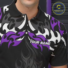Load image into Gallery viewer, Black and Purple Flame Bowling Polo, Quarter Zip shirt for men Custom Team bowling jersey bowler gift NQS10535