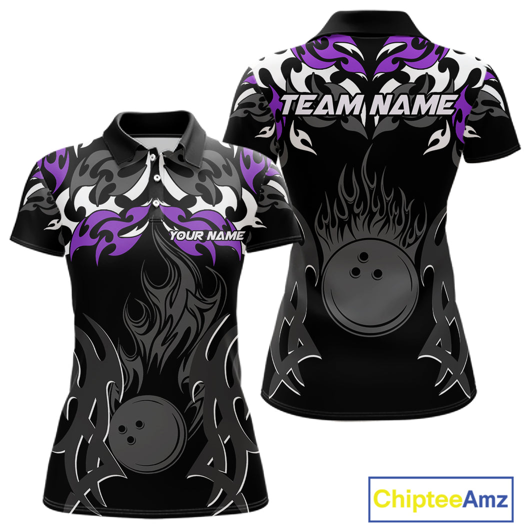 Black and Purple Flame Bowling Polo, 1/4 Zip shirt for Women Custom Team bowling jersey bowler gift NQS10535