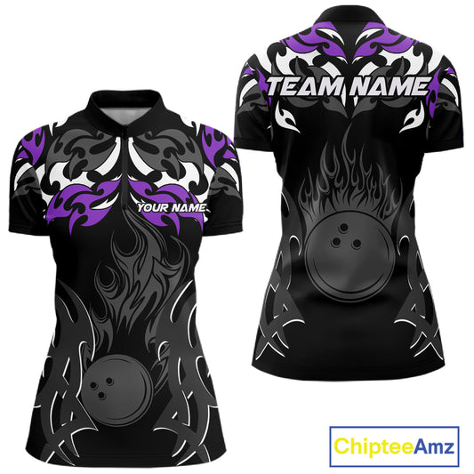 Black and Purple Flame Bowling Polo, 1/4 Zip shirt for Women Custom Team bowling jersey bowler gift NQS10535