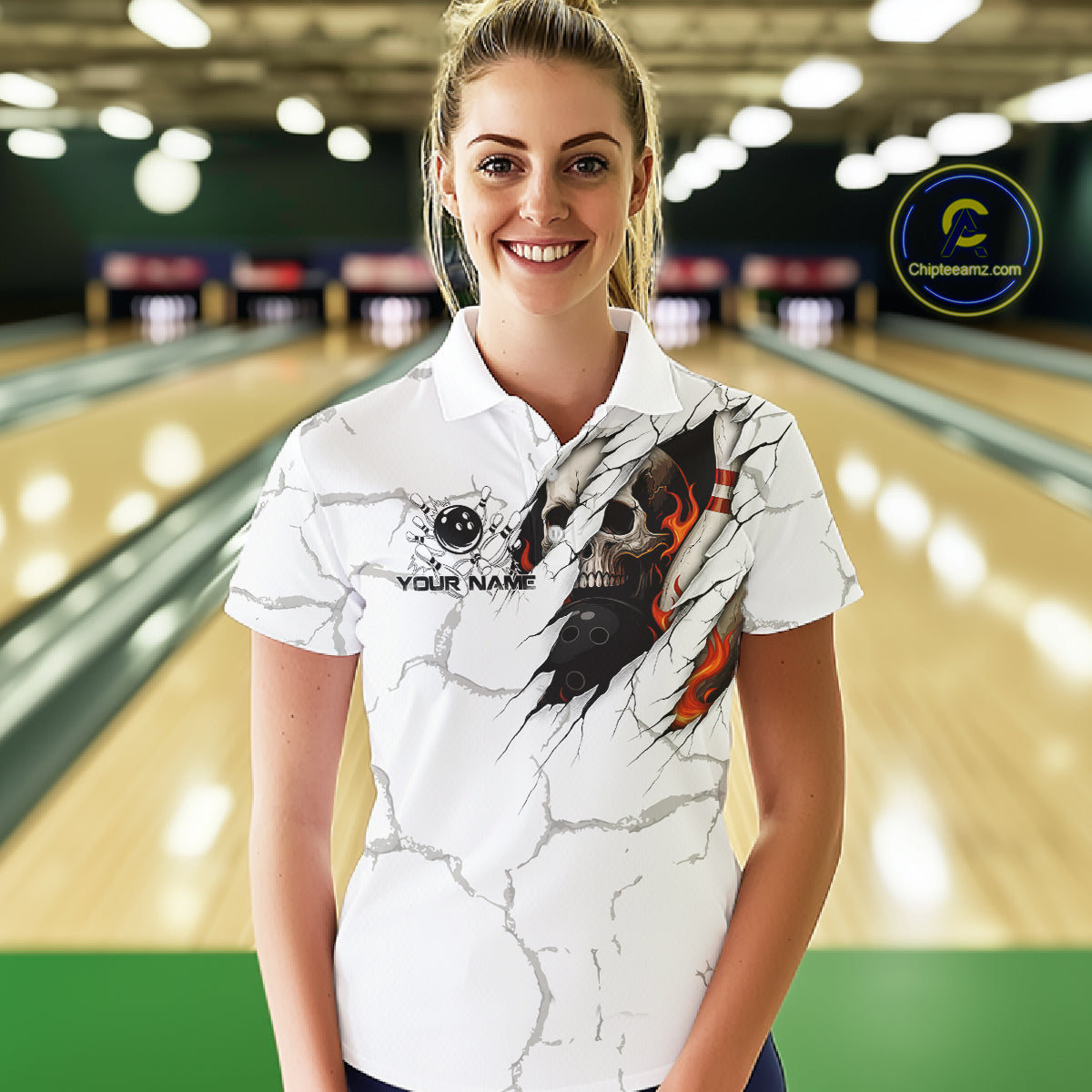Personalized White Grunge Flame Skull Bowling shirts for Women Custom Team Bowling League Shirts NQS10536