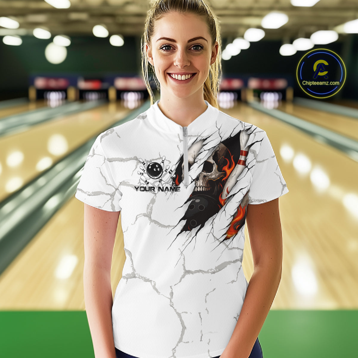 Personalized White Grunge Flame Skull Bowling shirts for Women Custom Team Bowling League Shirts NQS10536