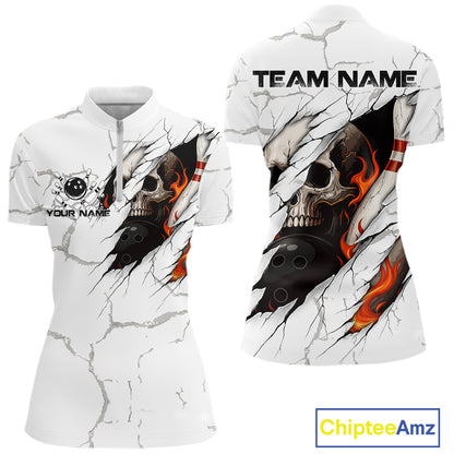 Personalized White Grunge Flame Skull Bowling shirts for Women Custom Team Bowling League Shirts NQS10536