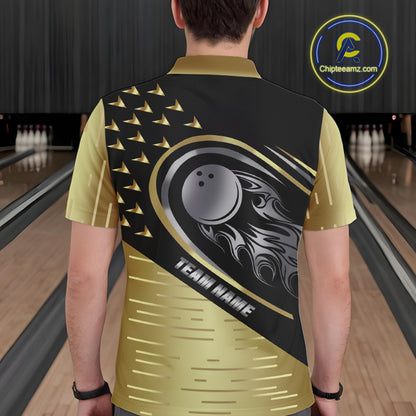Black and Gold Flame Bowling ball Polo, Quarter Zip Shirts for Men Custom Bowling Team jerseys NQS10029