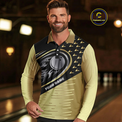 Black and Gold Flame Bowling ball Polo, Quarter Zip Shirts for Men Custom Bowling Team jerseys NQS10029