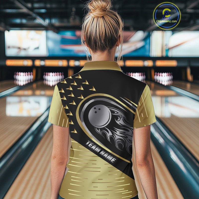 Black and Gold Flame Bowling ball Polo, Quarter Zip Shirts for Women Custom Bowling Team jerseys NQS10029