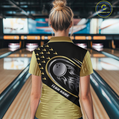Black and Gold Flame Bowling ball Polo, Quarter Zip Shirts for Women Custom Bowling Team jerseys NQS10029