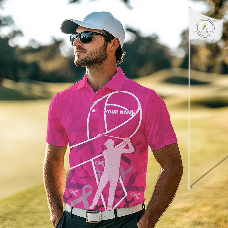 Pink ribbon pattern breast cancer awareness Men golf polo shirt Custom team Golf attire For men NQS10189