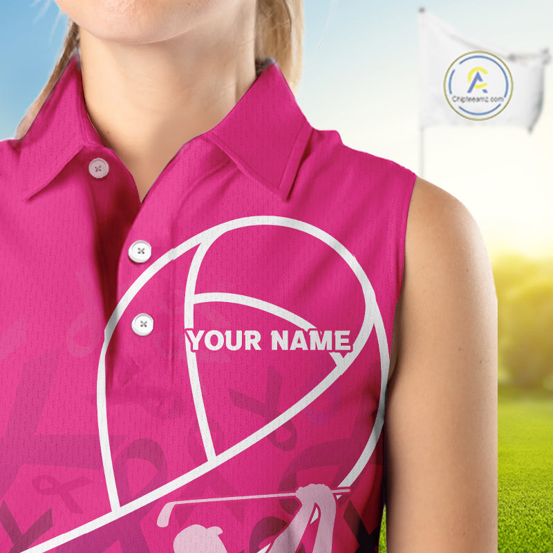 Pink ribbon pattern breast cancer awareness Women sleeveless polo shirt Custom team ladies Golf top NQS10189
