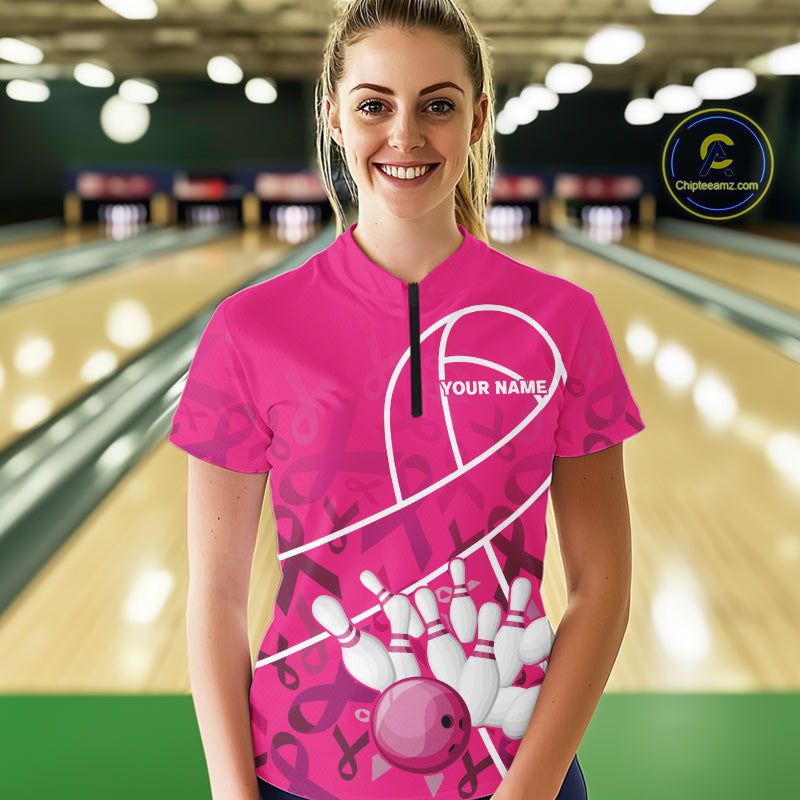 Pink ribbon pattern breast cancer awareness Bowling Shirts For Women Custom team bowling jerseys NQS10190