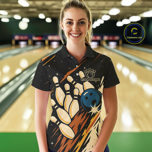 Retro Black galaxy Womens Bowling Polo, Quarter Zip shirts custom vintage bowling team league jerseys NQS10547