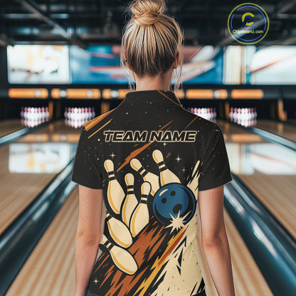 Retro Black galaxy Womens Bowling Polo, Quarter Zip shirts custom vintage bowling team league jerseys NQS10547