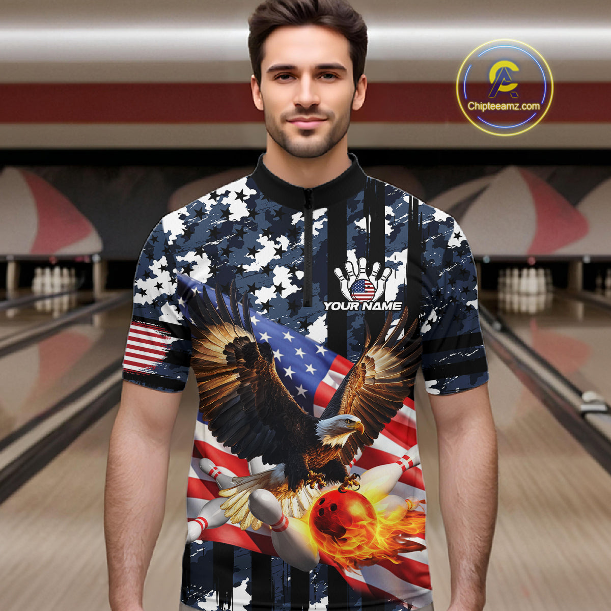 Blue Camo American Flag Eagle Flame Bowling Shirts For Men Custom Patriotic Bowling Team Shirts NQS10551