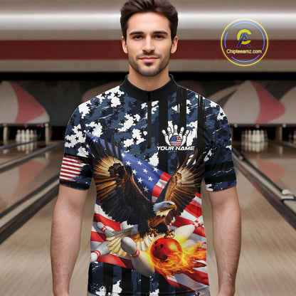 Blue Camo American Flag Eagle Flame Bowling Shirts For Men Custom Patriotic Bowling Team Shirts NQS10551