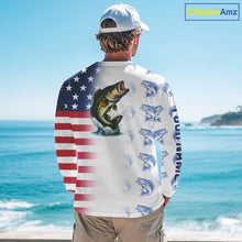 Load image into Gallery viewer, Red, White and Blue American Flag Bass Fishing custom patriotic Bass performance Fishing Shirts NQS10034