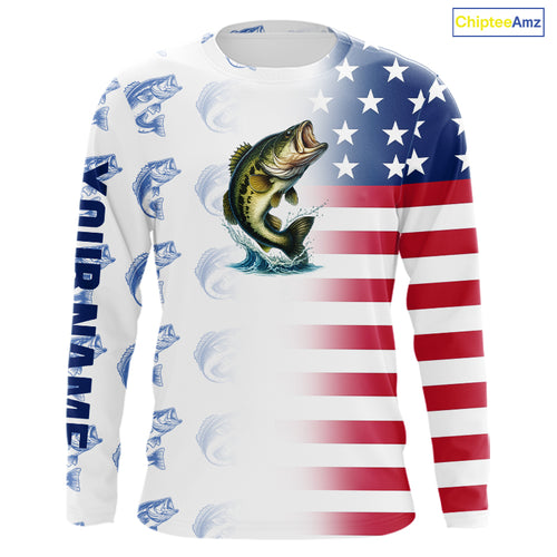 Red, White and Blue American Flag Bass Fishing custom patriotic Bass performance Fishing Shirts NQS10034