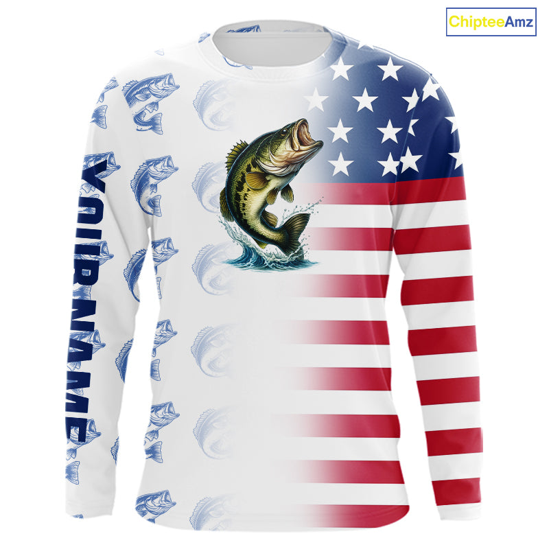 Red, White and Blue American Flag Bass Fishing custom patriotic Bass performance Fishing Shirts NQS10034