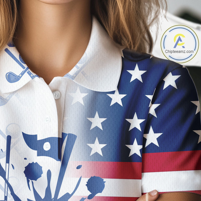 Red, White and Blue American Flag Women Golf polo shirts Custom patriotic Golf Outfit For Ladies NQS10035