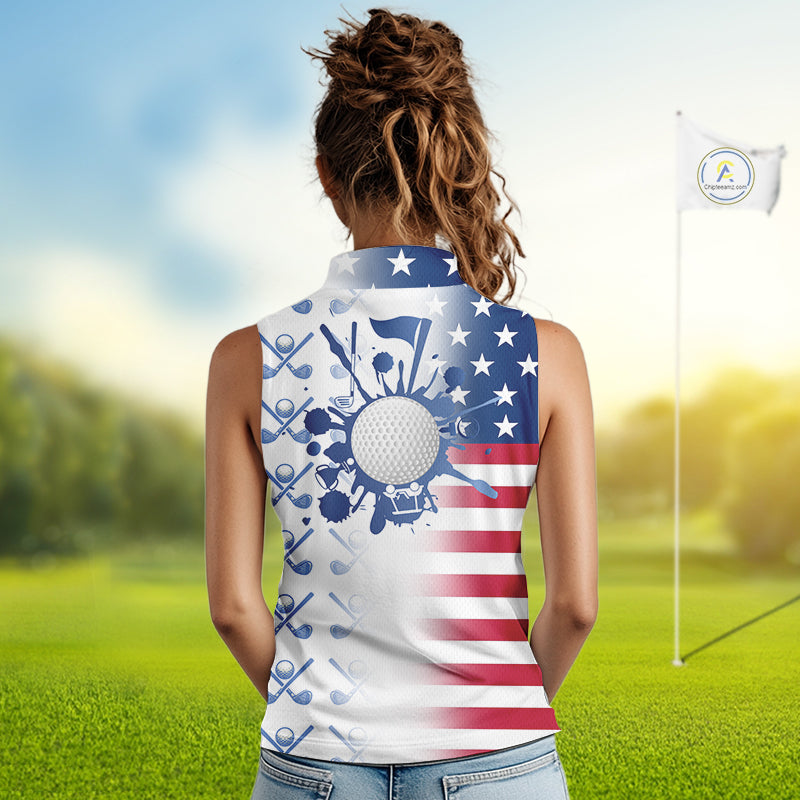 Red, White & Blue American Flag Women Sleeveless Golf polo shirts, patriotic Ladies Golf Outfit NQS10035