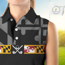 Load image into Gallery viewer, Maryland Flag black Women sleeveless golf polo shirt Custom Patriotic Golf top, gifts for golf lovers NQS10195