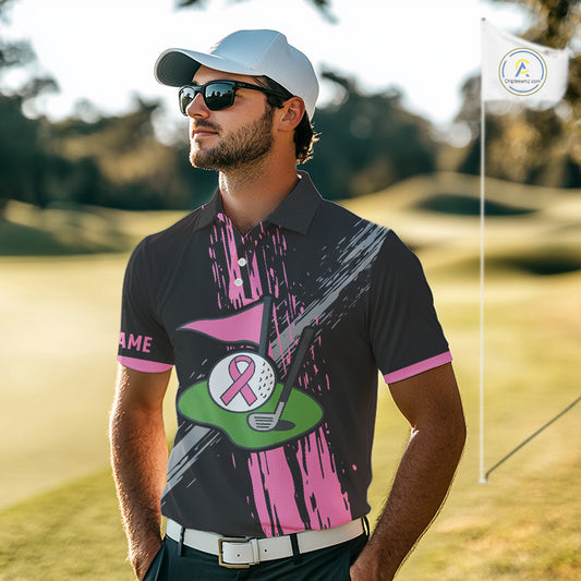 Black and pink ribbon Breast Cancer Awareness golf shirts custom Men golf polo shirts, best golf gift NQS10196