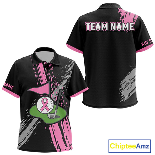 Black and pink ribbon Breast Cancer Awareness golf shirts custom Kid golf polo shirt, best golf gift NQS10196
