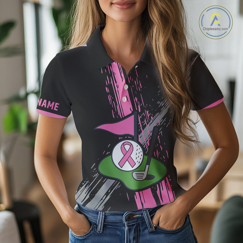 Black and pink ribbon Breast Cancer Awareness golf shirts custom Women golf polo shirt best golf gift NQS10196