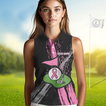Load image into Gallery viewer, Black and pink ribbon Breast Cancer Awareness golf shirts custom Women sleeveless golf polo shirt NQS10196