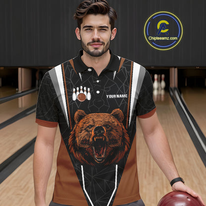 Personalized Bear Bowling Polo, Quarter Zip Shirts For Men, Bear Bowling Team Brown League Jersey NQS10344