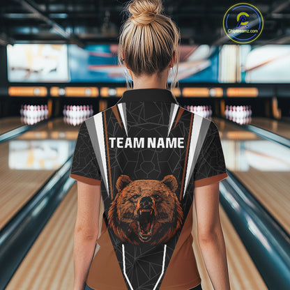 Personalized Bear Bowling Polo, Quarter Zip Shirts For Women, Bear Bowling Team Brown League Jersey NQS10344