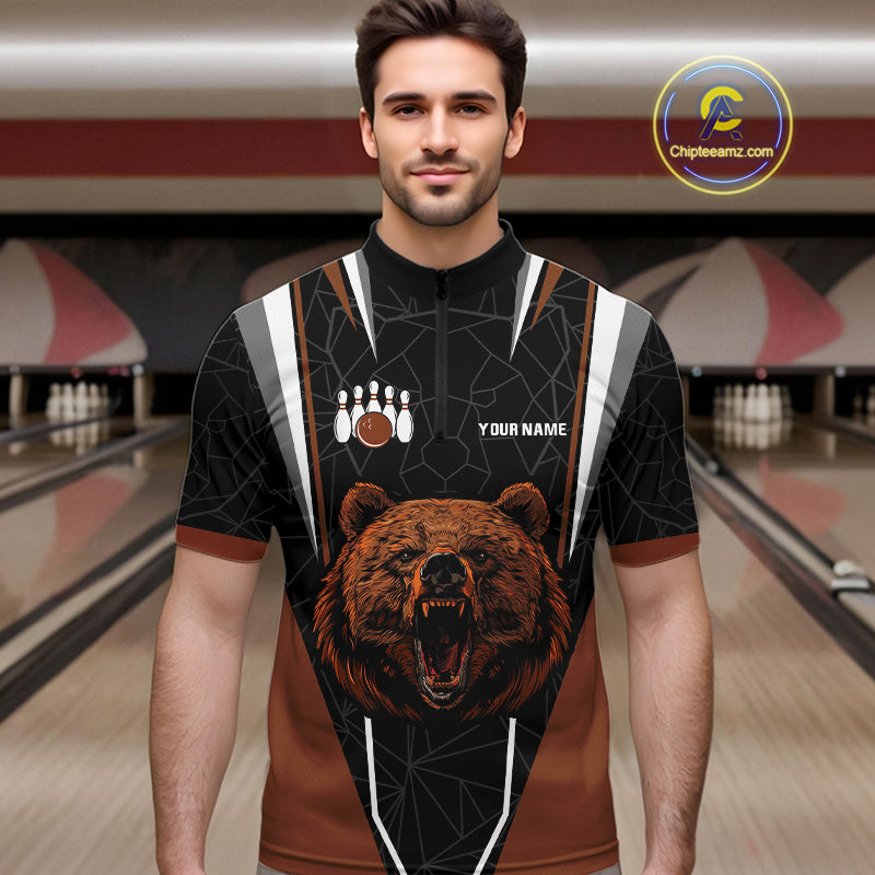 Personalized Bear Bowling Polo, Quarter Zip Shirts For Men, Bear Bowling Team Brown League Jersey NQS10344
