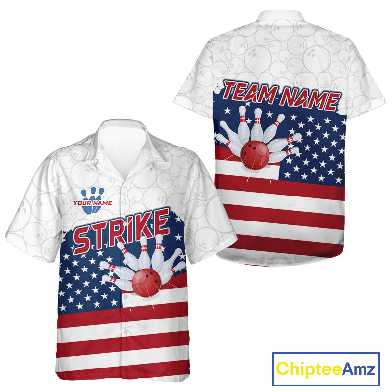 Personalized American Flag Strike Bowling Hawaiian Shirts, Patriotic Bowling Team Button up shirt NQS10345