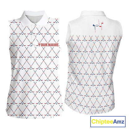 Red, White & Blue golf clubs pattern Women sleeveless polo shirt Custom Patriotic ladies golf outfit NQS10198