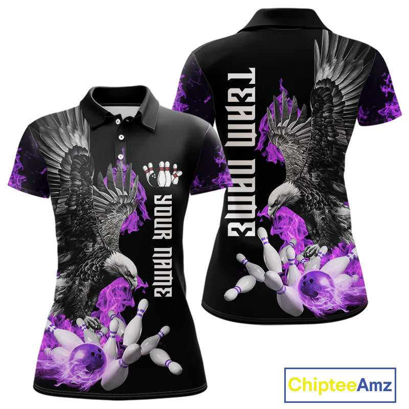 Custom Purple Flame Black Eagle Bowling Polo, Quarter Zip Shirt For Women, Team Bowling Clothes NQS10351