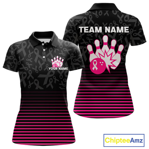 Pink and black Ribbons Pattern Bowling Shirts For Women Custom Breast cancer Team Bowler Jersey NQS10560