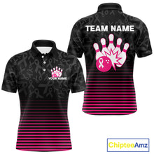 Load image into Gallery viewer, Pink and black Ribbons Pattern Bowling Shirts For Men Custom Breast cancer Team Bowler Jersey NQS10560