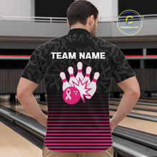 Load image into Gallery viewer, Pink and black Ribbons Pattern Bowling Shirts For Men Custom Breast cancer Team Bowler Jersey NQS10560