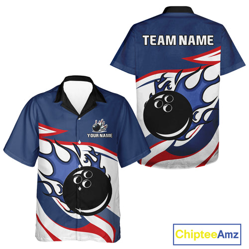 Red, White and Blue Flame bowling Hawaiian Shirt Custom patriotic Bowling Team Outfit NQS10045